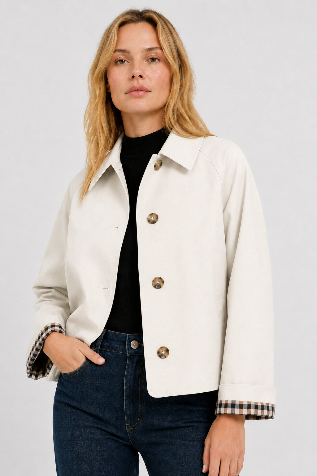 Women's lightweight trench jacket with checked turn-up cuffs