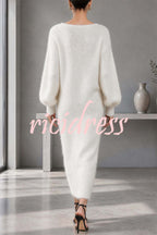 Women's plain knitted midi dress with V-neck, button front and balloon sleeves