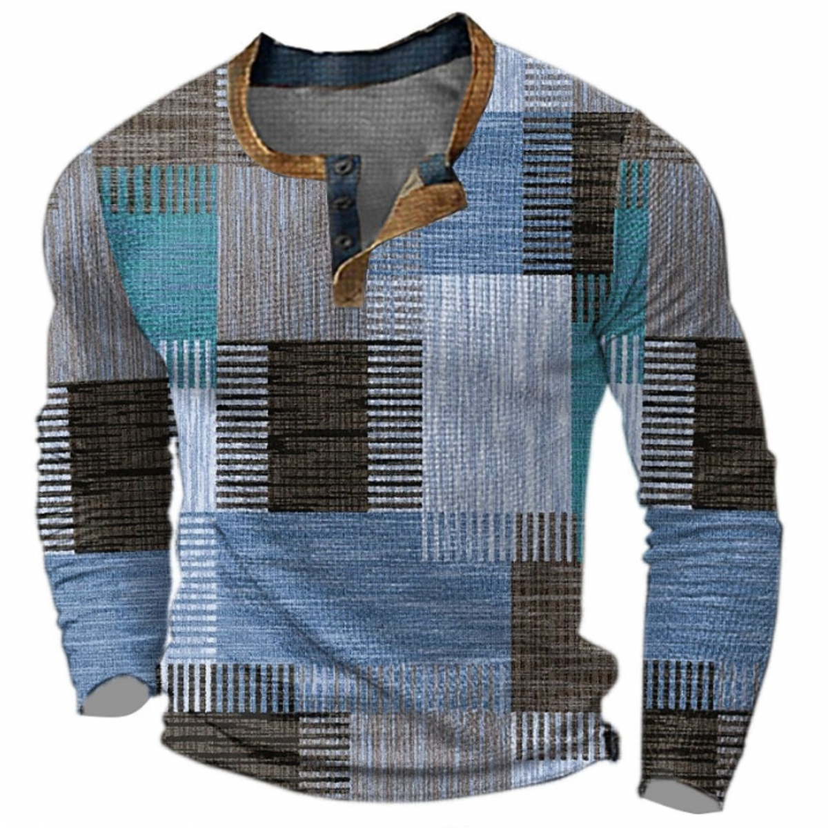 Men's long-sleeved geometric patchwork knit sweater with button collar