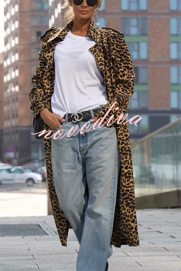 Women's longline leopard print coat with lapels and long sleeves