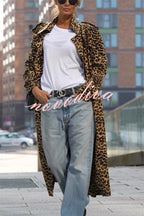 Women's longline leopard print coat with lapels and long sleeves