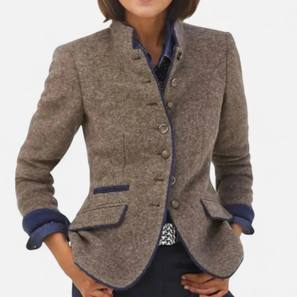 Women's tailored button-front coat jacket with stand collar and flap pockets