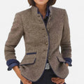 Women's tailored button-front coat jacket with stand collar and flap pockets