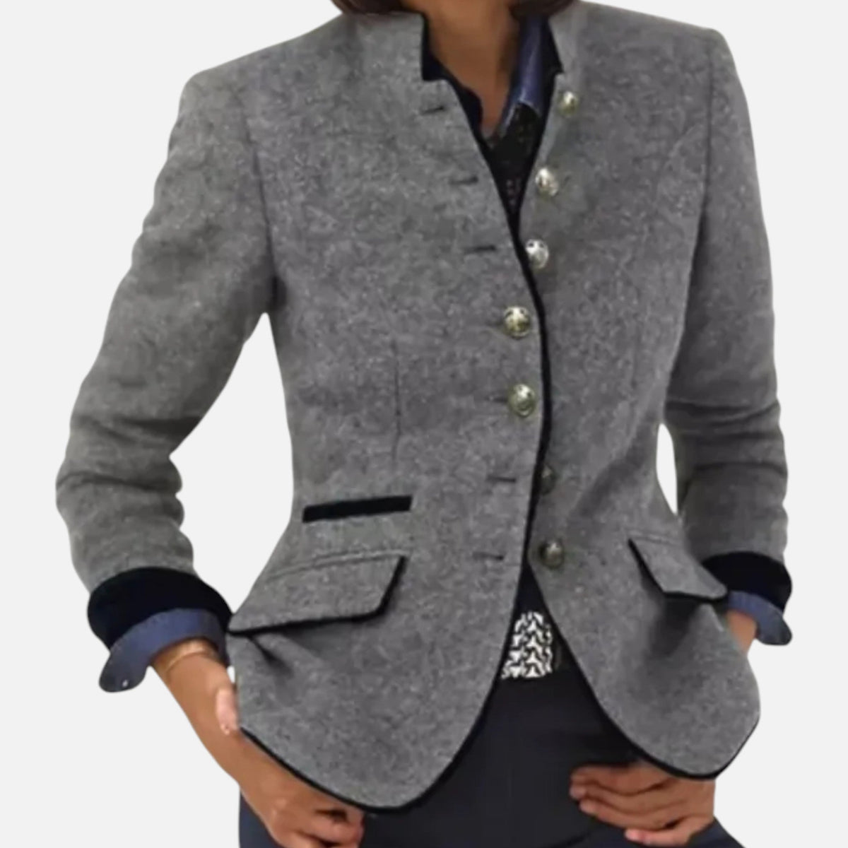 Women's tailored button-front coat jacket with stand collar and flap pockets
