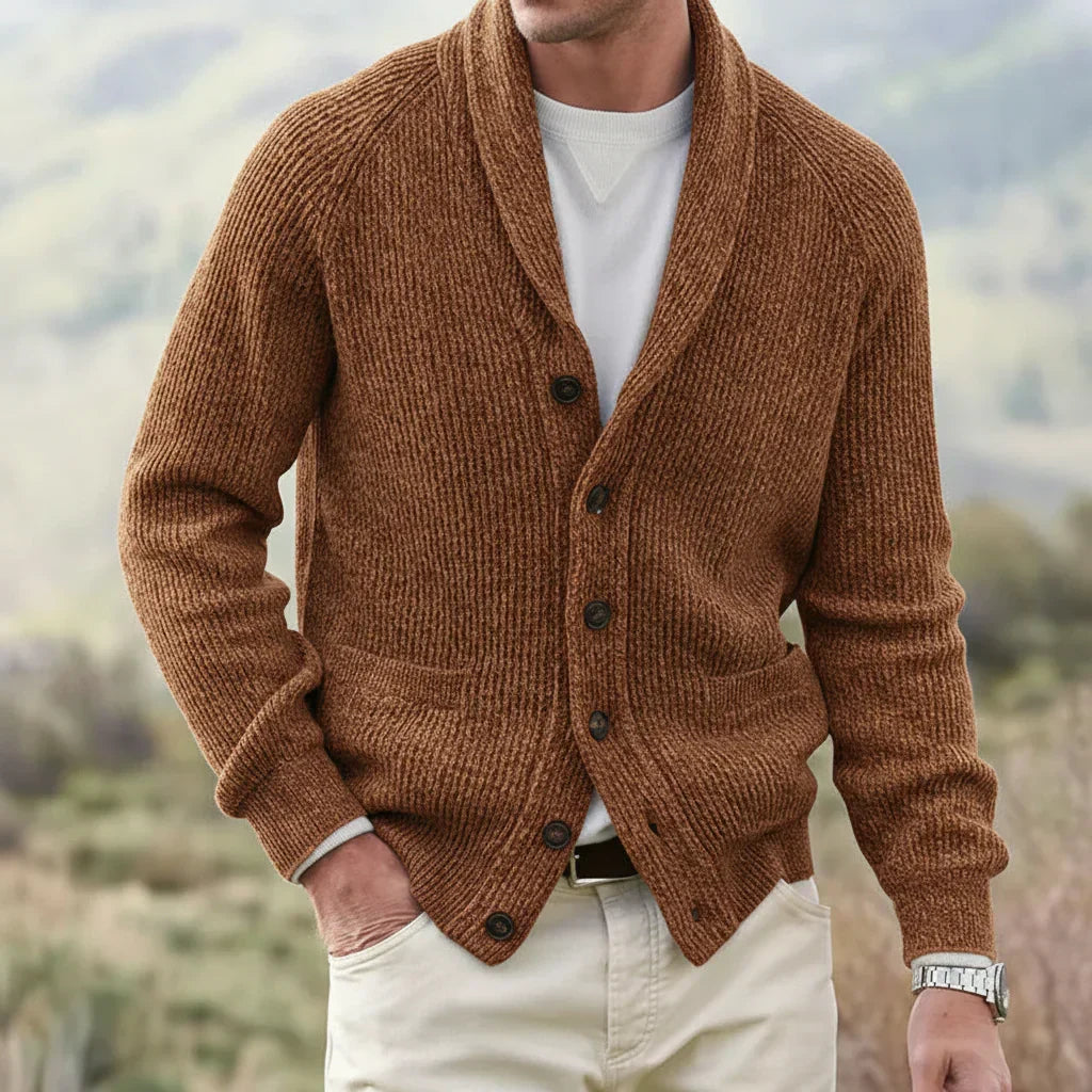 Men's ribbed knit cardigan with shawl collar, button front and patch pockets