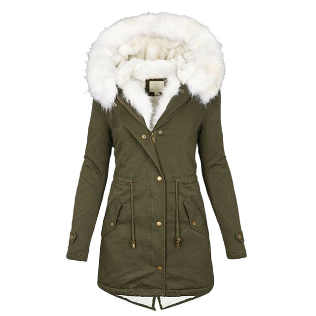 Women's long parka coat with hood and contrasting faux fur-style trim
