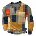 Men's long-sleeved geometric patchwork knit sweater with button collar