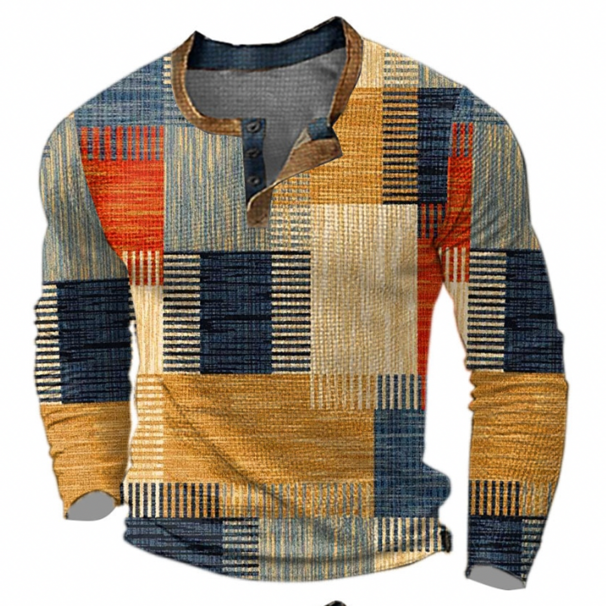 Men's long-sleeved geometric patchwork knit sweater with button collar