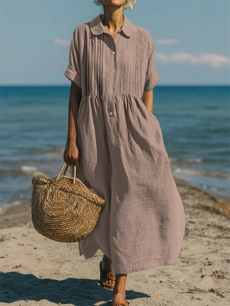 Women's collared button maxi dress with short sleeves and gathered waist