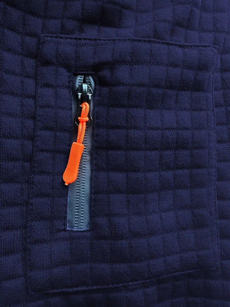 Men's textured long-sleeve polo sweater with button placket and sleeve zip pocket