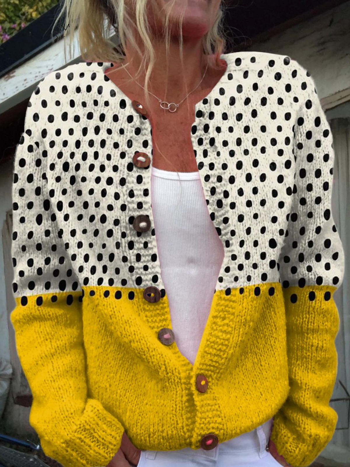 Women's cream and yellow polka dot colour-block cardigan with brown buttons