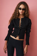 Women's black cropped cardigan with round neck, long sleeves and front buttons