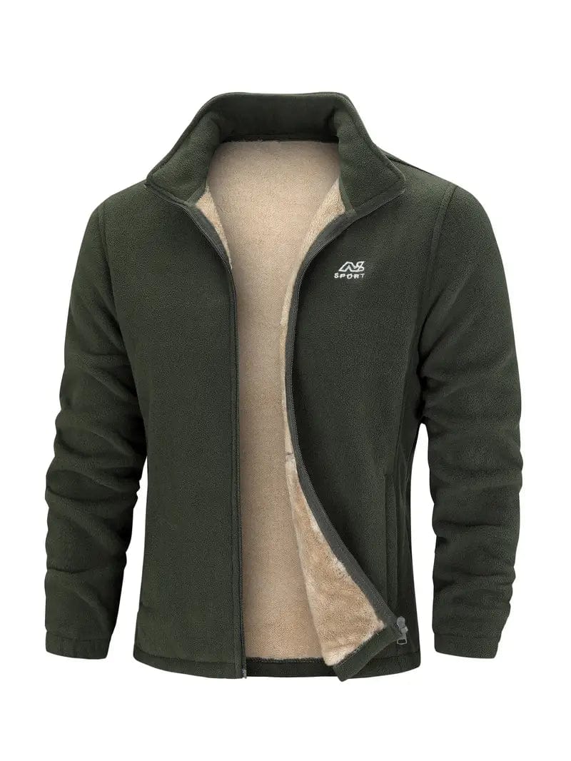 Men's fleece jacket with stand collar, long sleeves and full zip front
