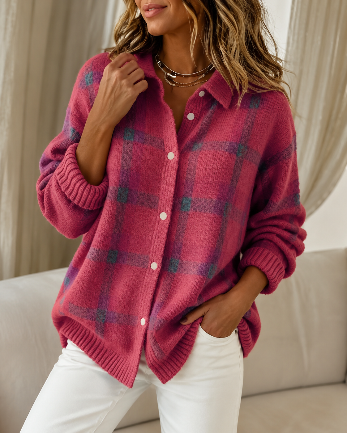 Women's checked knitted cardigan with collared neckline, long sleeves and button fastening