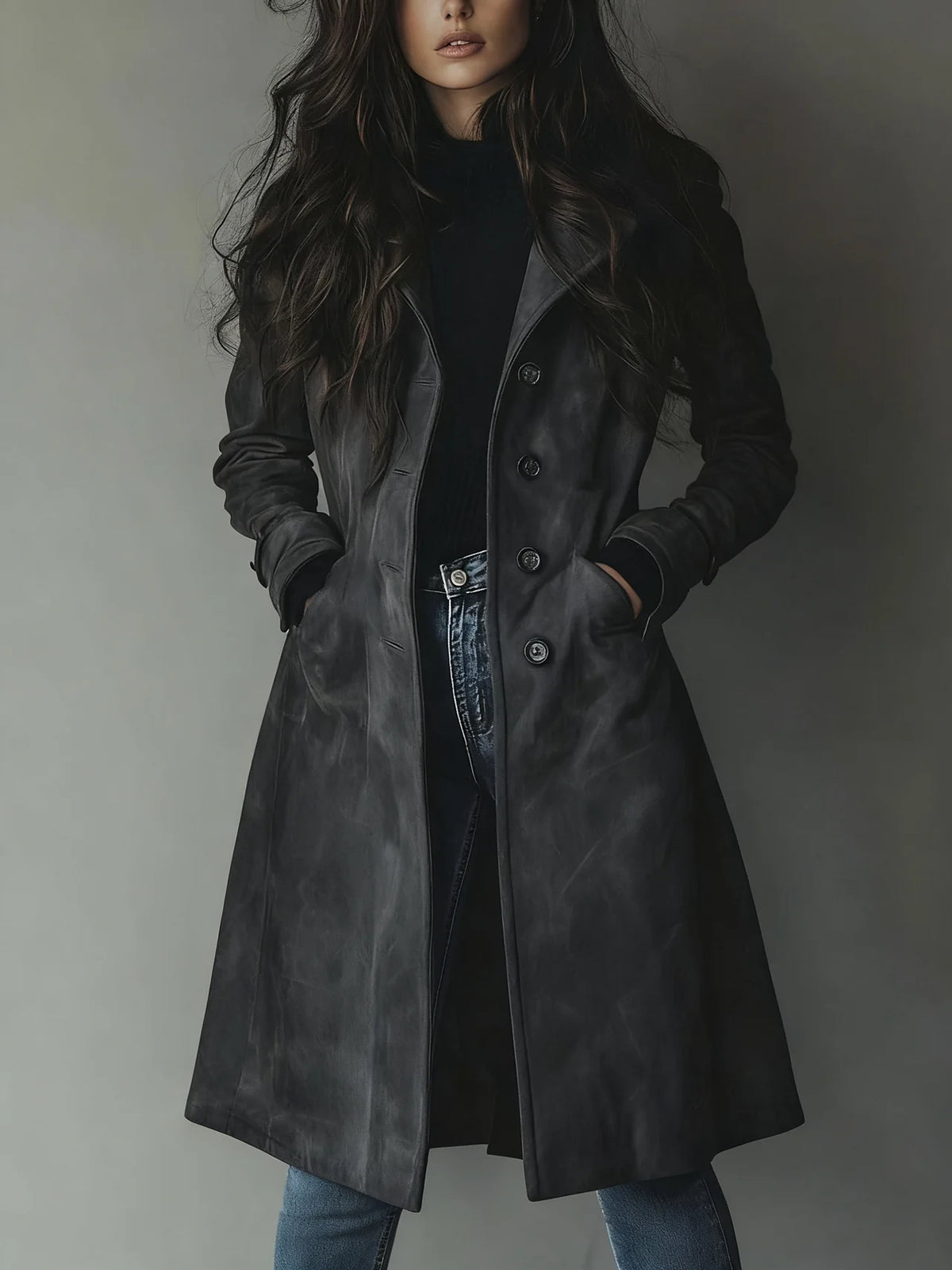 Women's long button-front coat with lapel collar and side pockets