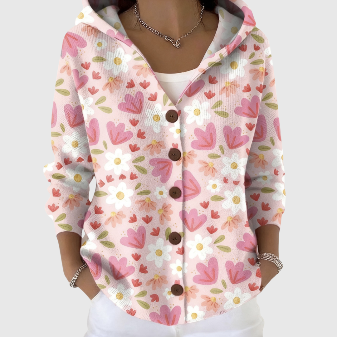 Women's pink floral hooded cardigan with button front and side pockets