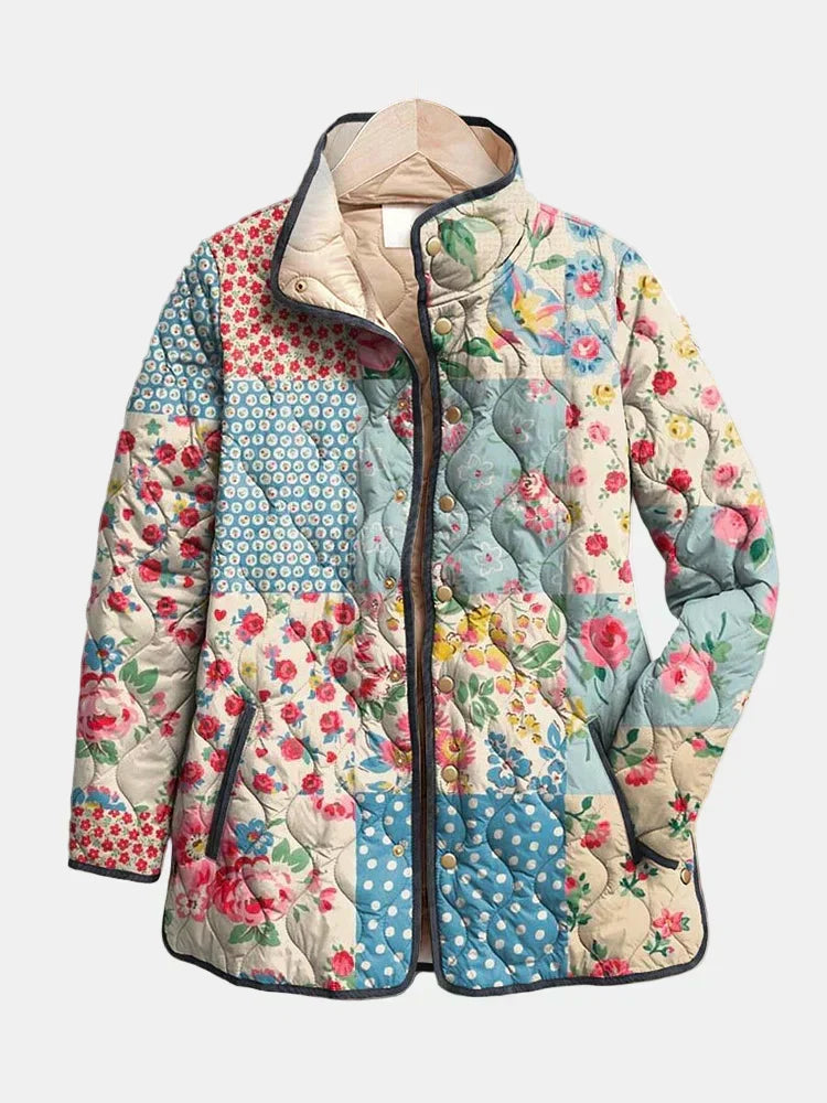 Women's multicoloured floral quilted padded jacket with raised collar and front zip