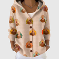 Women's beige hooded knitted cardigan with colourful turkey print and brown buttons