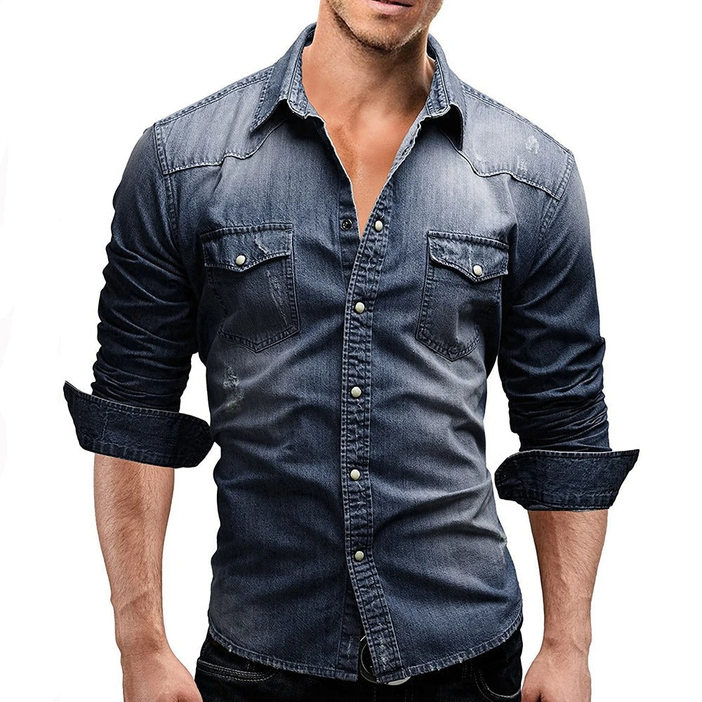 Men's long-sleeve button-front shirt with two flap chest pockets