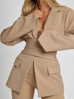 Women's belted blazer with notched lapels, long sleeves and front pockets