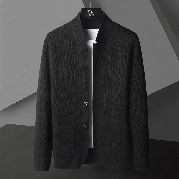 Men's textured cardigan with stand collar, button front and two patch pockets