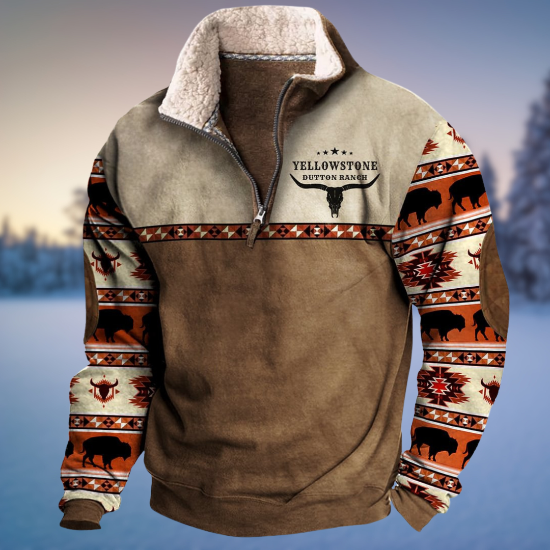 Men's half-zip pullover jumper with geometric patterned sleeves and front pouch pocket