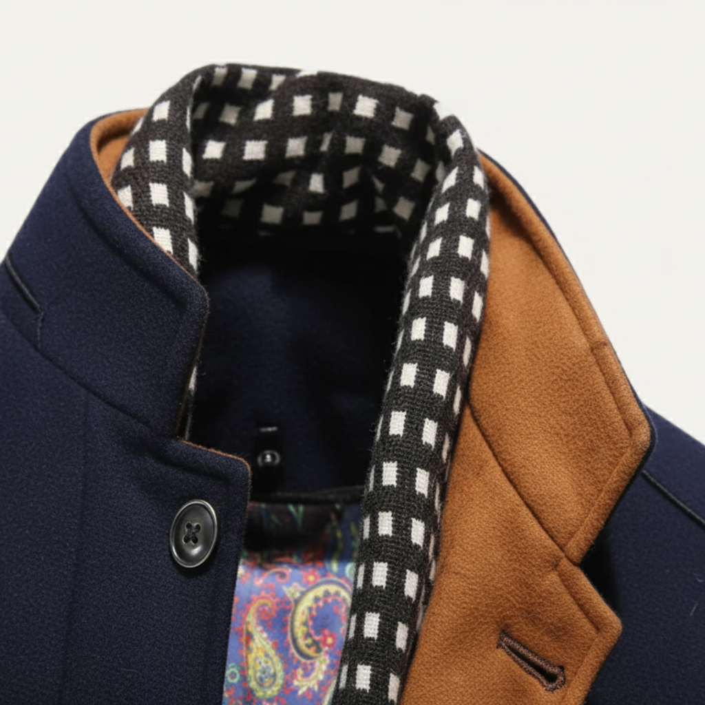 Men's structured stand collar overcoat with long sleeves, button front and multiple pockets