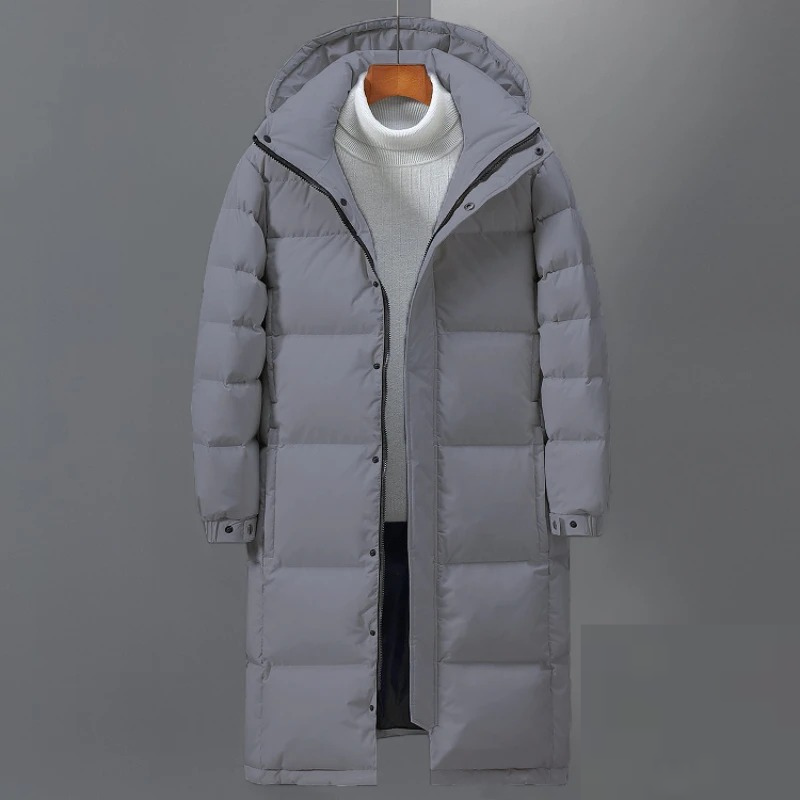Men's long hooded quilted padded coat with zip and press-stud front