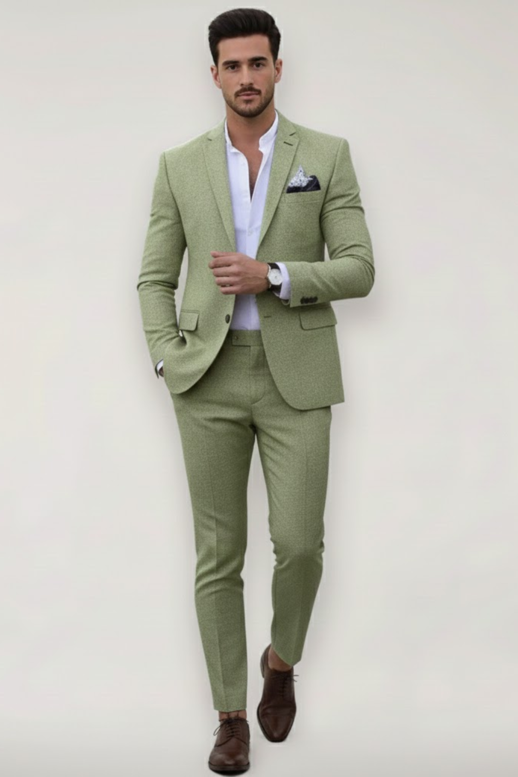 Men's slim-fit two-piece suit with notch lapel, long-sleeve jacket and tapered trousers