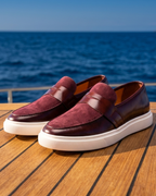 Men's penny strap slip-on loafer with almond toe and textured sole