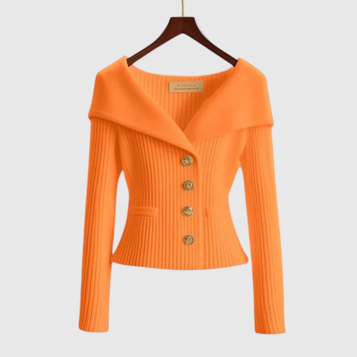 Women's ribbed knit cardigan with shawl collar and button front