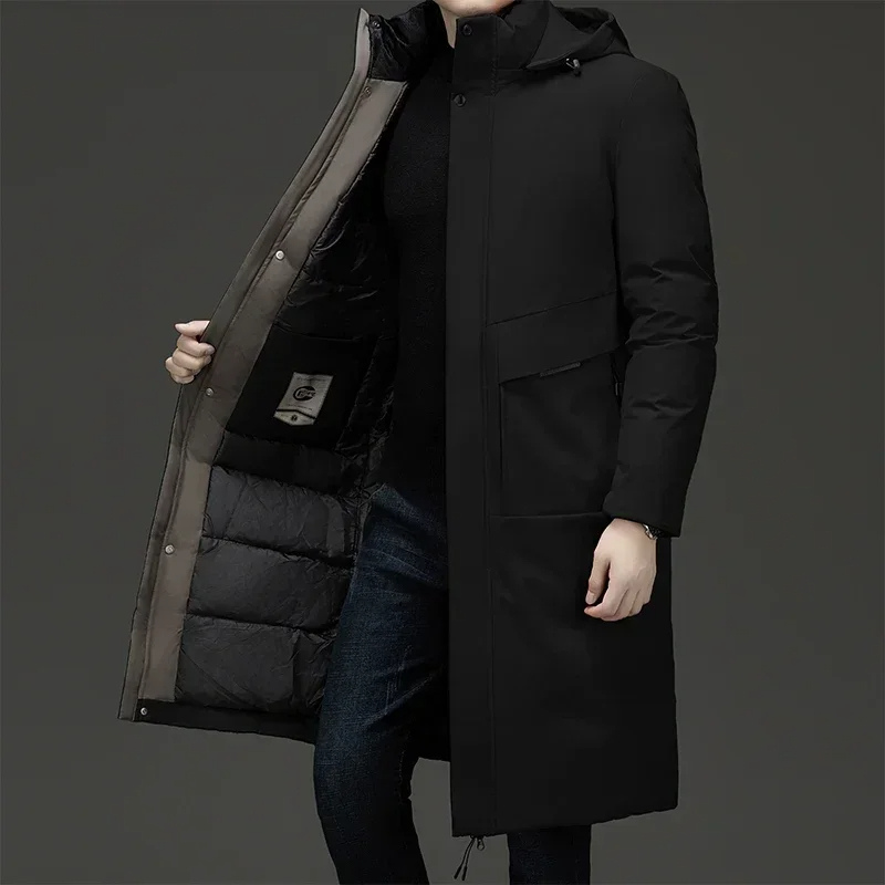 Men's long padded hooded winter coat with high collar and flap pockets