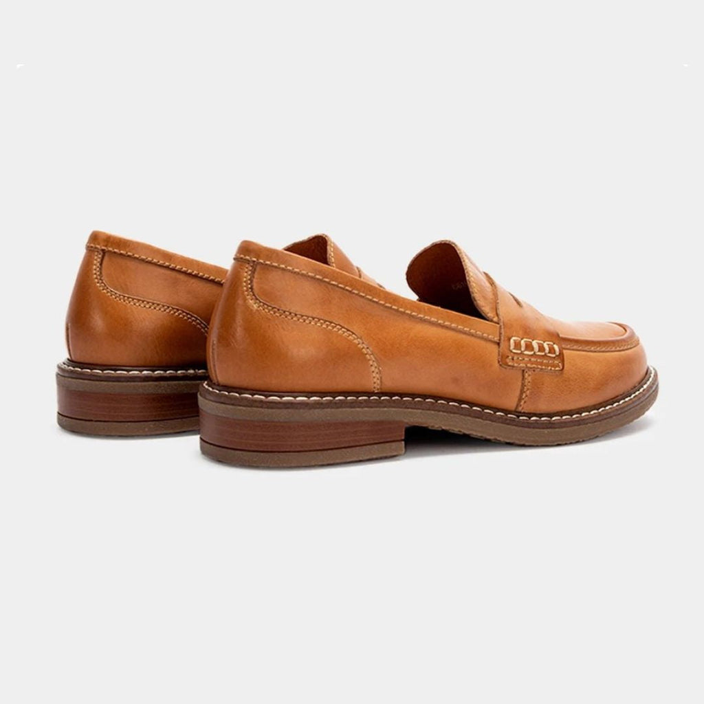 Men's slip-on penny loafers with rounded toes, stitched soles and low flat heels