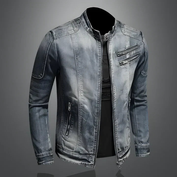 Men's blue denim jacket with mandarin collar, long sleeves and multiple zipped pockets