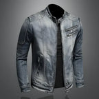 Men's blue denim jacket with mandarin collar, long sleeves and multiple zipped pockets