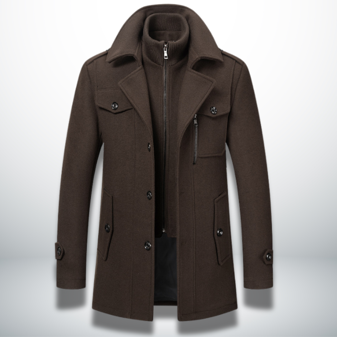 Men's long smart casual coat with high collar, lapels, buttons, zip fastening and multiple pockets
