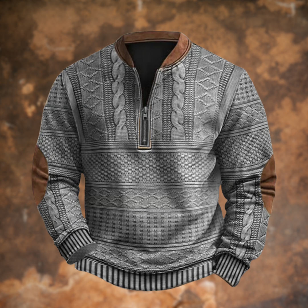 Men's patterned quarter-zip jumper with stand collar and ribbed trims