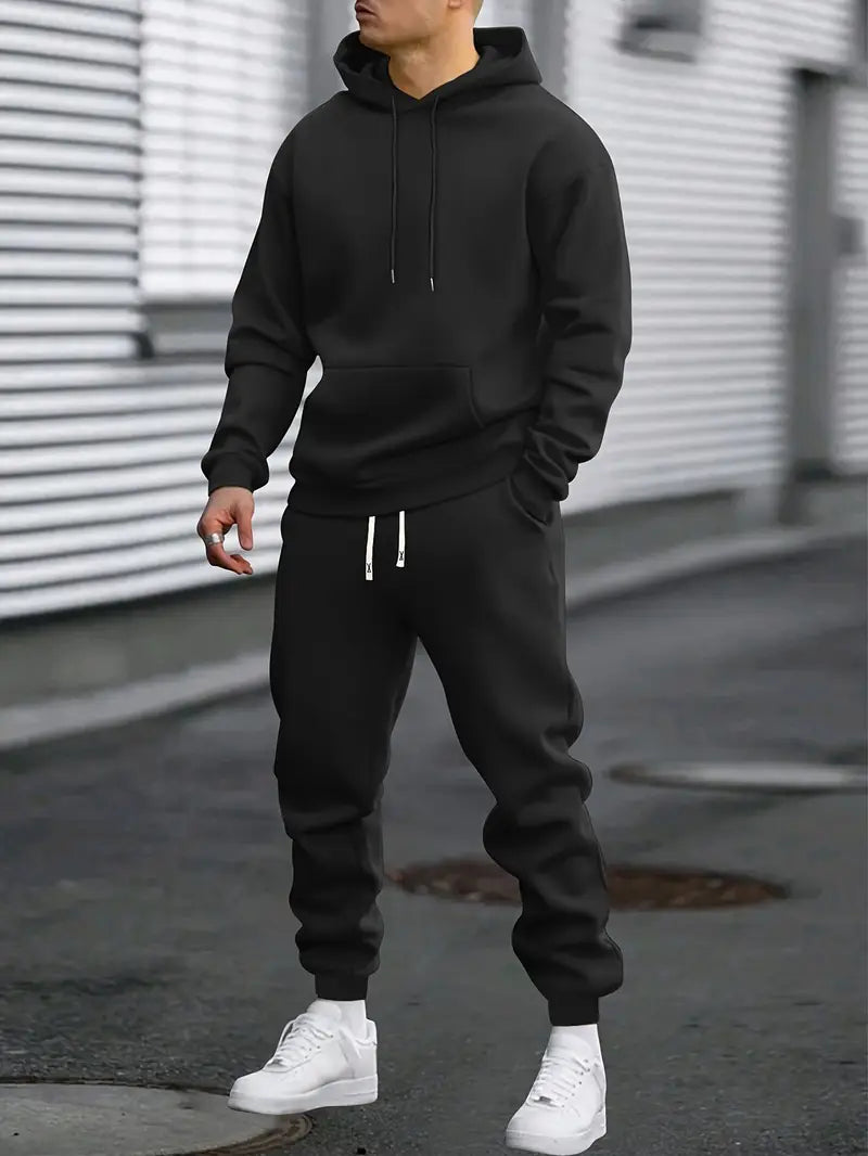 Men's hooded sweatshirt and jogger set with drawstring details and kangaroo pocket