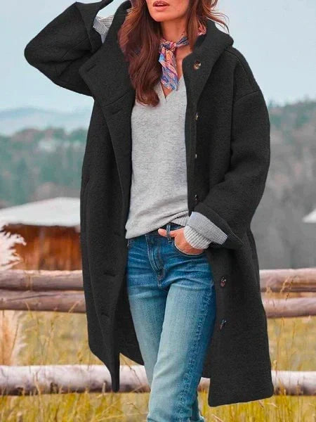 Women's longline hooded coat with button front and striped turn-back cuffs