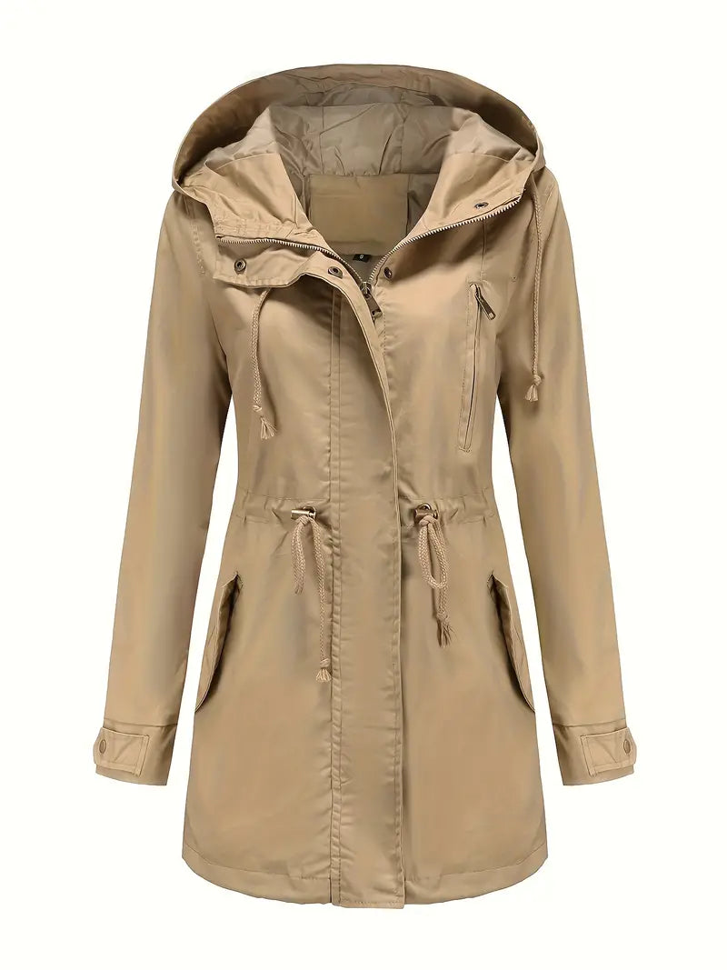 Women's hooded parka jacket with drawstring waist and long sleeves
