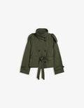 Women's cropped trench jacket with high collar, buttons, belt and shoulder tabs