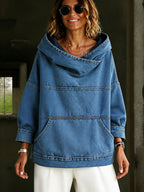Women's blue hooded sweatshirt with long sleeves, contrast seams and front pouch pocket