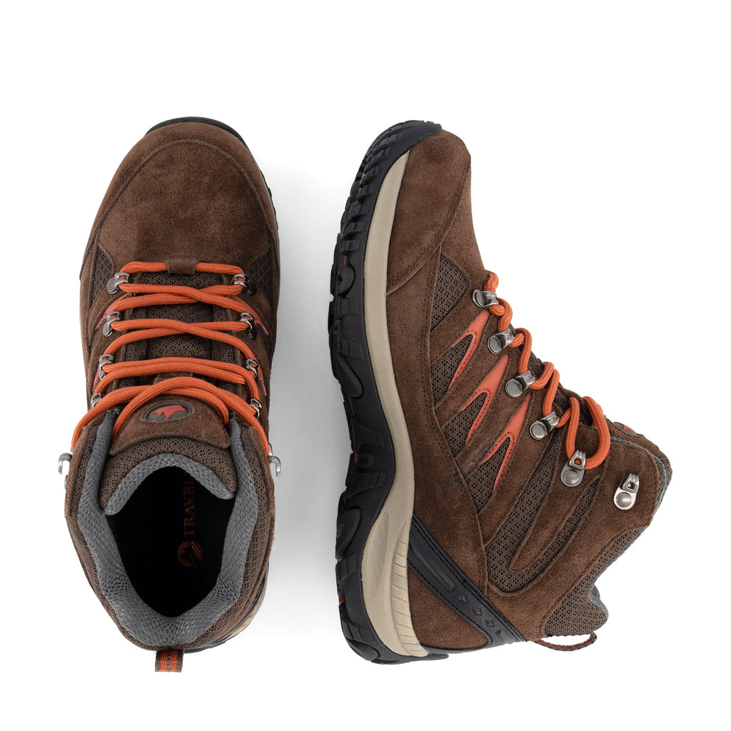 Brown lace-up hiking boots with orange laces and rugged black soles