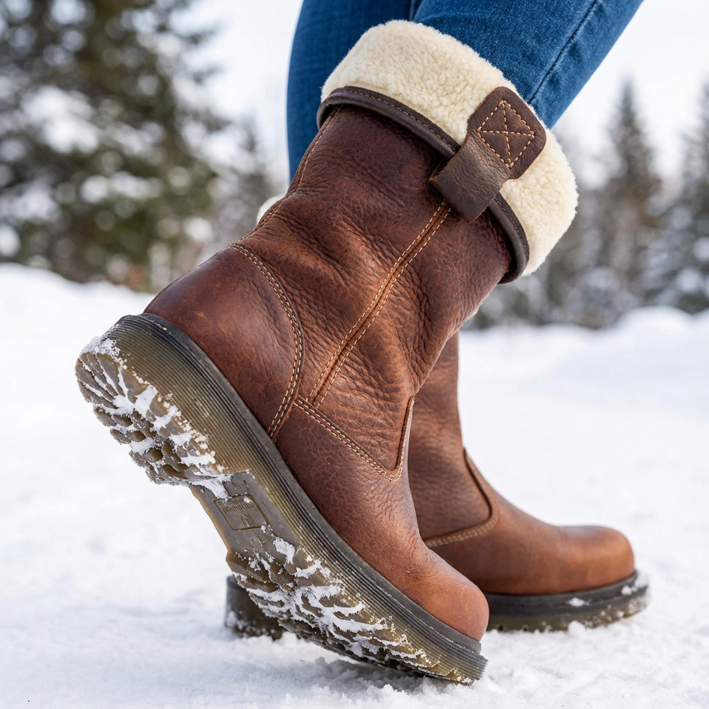 Brown ankle boots with cream fur-style cuffs, buckle trim and lugged soles