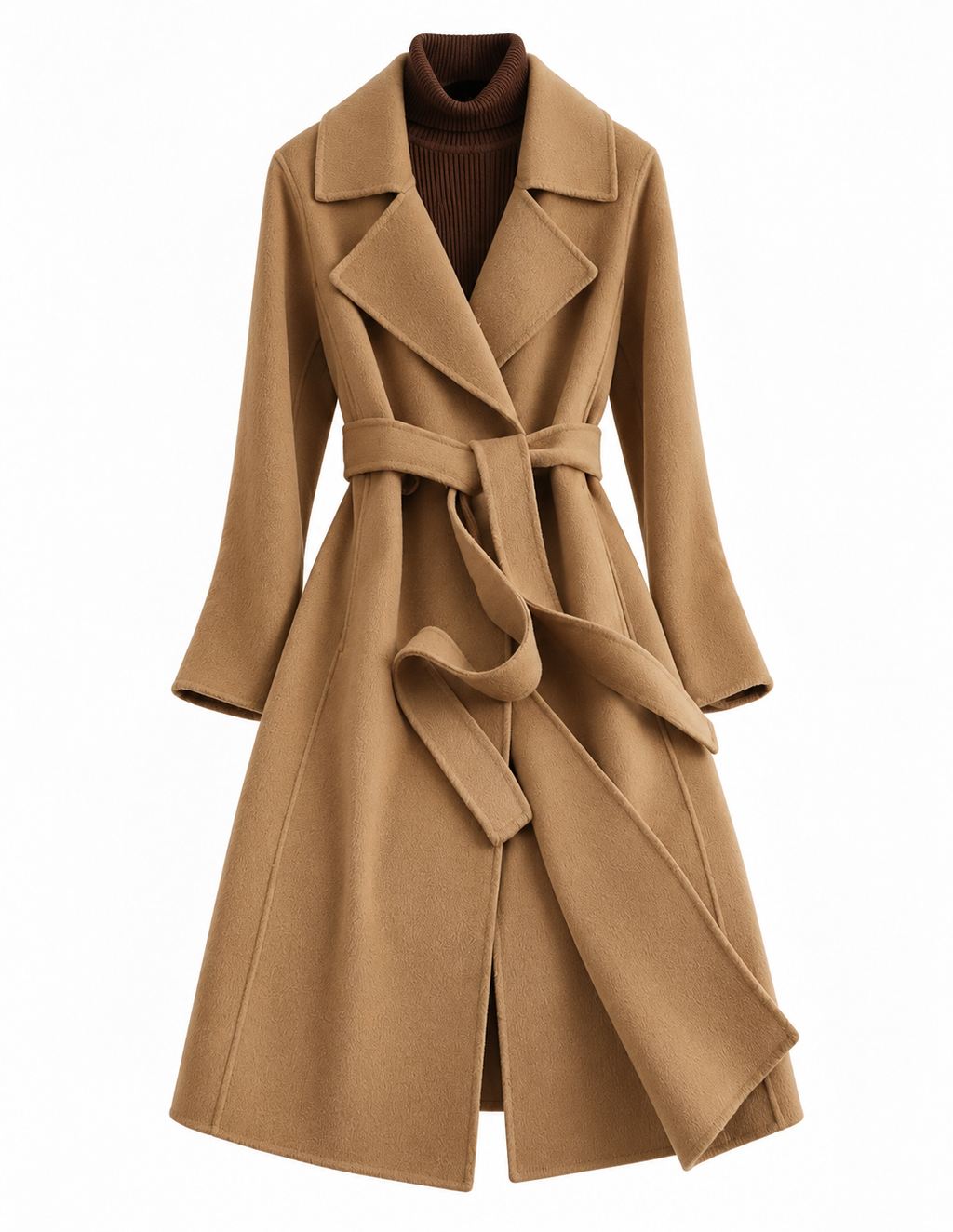 Women's long belted wrap coat with wide notched lapels