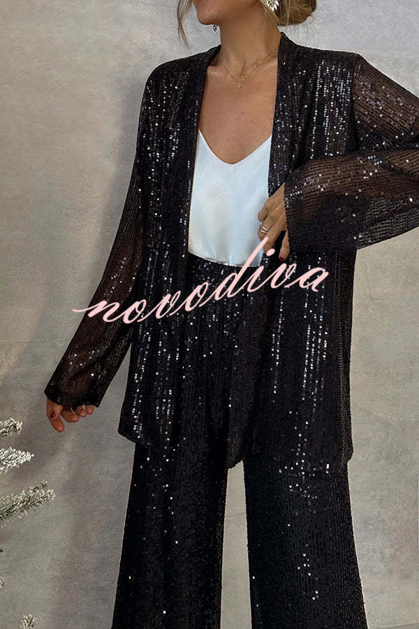 Women's open-front sequin jacket with long sleeves and draped fit