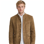 Men's stand-up collar button jacket with chest and patch pockets