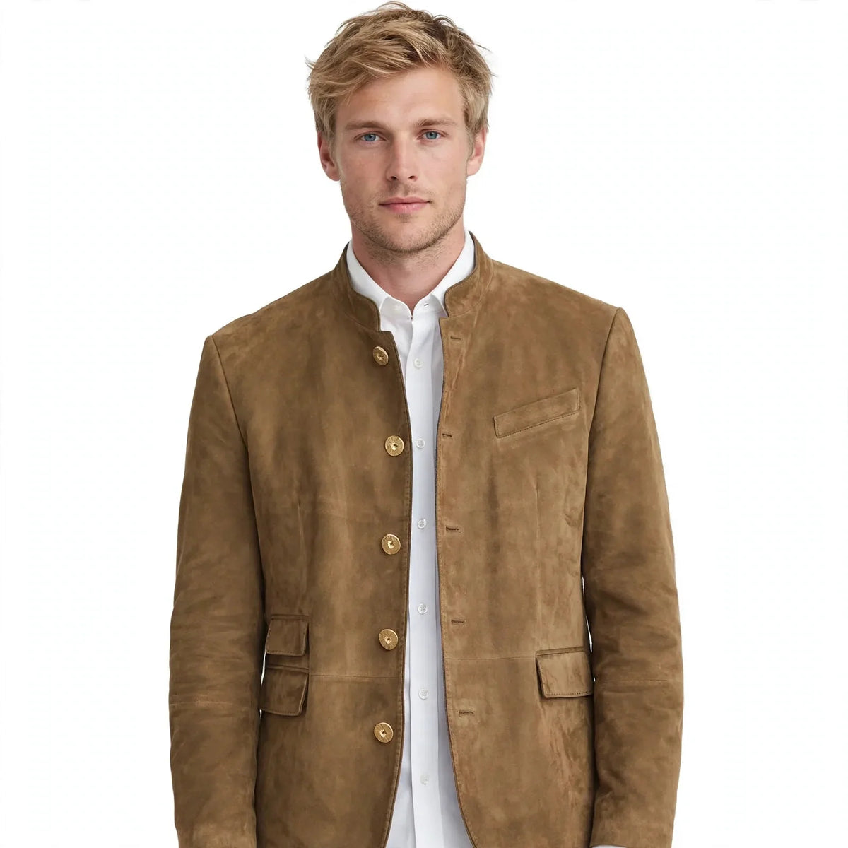 Men's stand-up collar button jacket with chest and patch pockets
