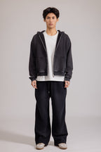 Men's black full-zip hoodie with hood, long sleeves and front pockets