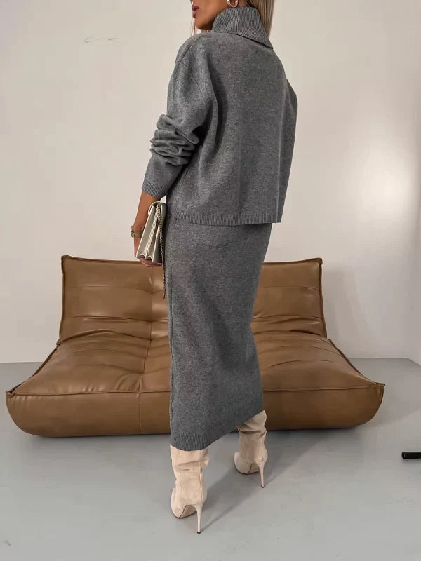 Women's midi dress and turtleneck jumper set with ribbed trims